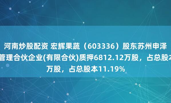 河南炒股配资 宏辉果蔬（603336）股东苏州申泽瑞泰企业管理合伙企业(有限合伙)质押6812.12万股，占总股本11.19%